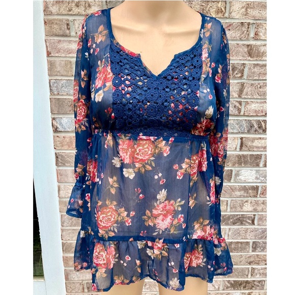 Navy Blue & Red Rose Floral Sheer Bell Sleeve Top - Picture 3 of 5